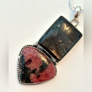 2 1/2 inches, Hypersthene and Rhodonite pendant on a silver chain